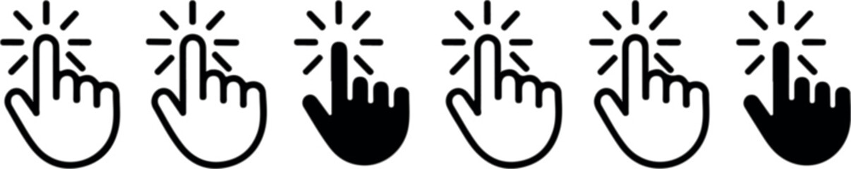 A series of digital hand icons, each with a pointing index finger indicating interactive actions and calls for engagement on interfaces.