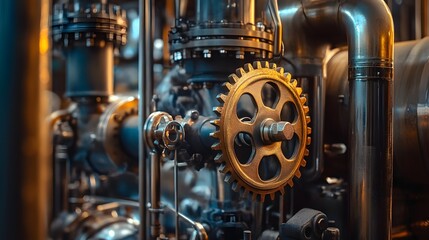 A close-up view of intricate industrial machinery featuring copper gears and pipes. The image captures the complexity and beauty of mechanical engineering in a modern setting.