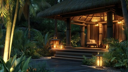 Fototapeta premium Tropical Bungalow Night Relaxation Island Resort