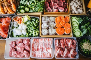 Fresh meat and vegetables are displayed in cartons, illustrating the effects of tariff wars on international trade and commerce