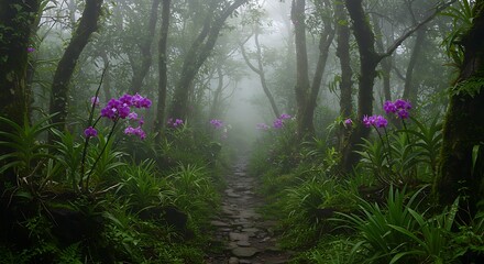 Fototapeta premium Foggy Forest Trail with Purple Orchids in Lush Green Environment