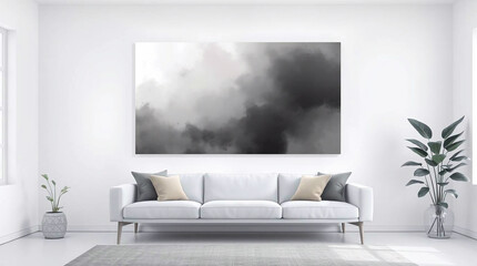 A digital sketch of a horizontal poster mockup in a minimalist white room with a plant. Misty atmospheric scene with loose painterly strokes, iridescent colors, thick fog, and low visibility. Compleme