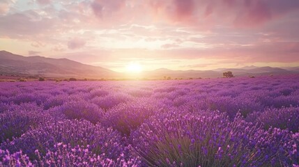Vibrant sunset over a vast lavender field.