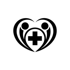 Obraz premium Abstract heart medical logo with cross and family symbol in monochrome design representing healthcare compassion and wellness in modern graphic style icon on gray background