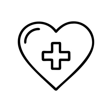 Monochrome line icon heart with medical cross symbol outline flat vector illustration for health care love concept