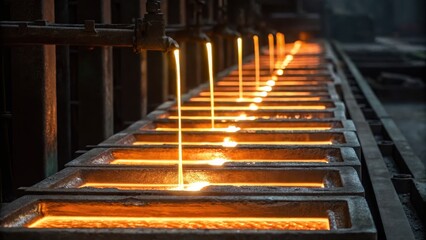 A metal foundry with molten metal flowing into molds, creating a luminous display of orange and yellow hues.