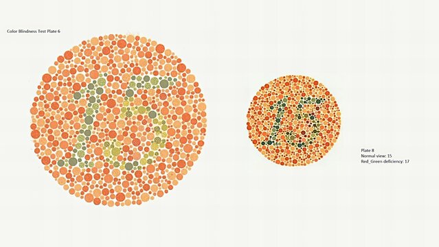 Color vision test or Color Blindness Test Plate 6 and other Plate 8, Normal vision 15, Red Green deficiency 17.