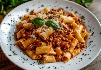 Delicious Rigatoni Pasta with Meat Sauce and Fresh Basil Garnish