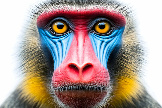 Striking Close-Up Portrait of a Vividly Colored Mandrill Isolated on White - Powered by Adobe