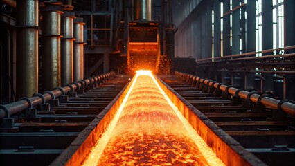 A glowing stream of molten metal flows through an industrial facility, showcasing the intense heat and energy involved in metal production.
