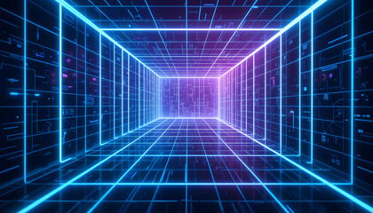 A glowing cyberpunk grid background in shades of electric blue and purple, with a sense of infinite depth.