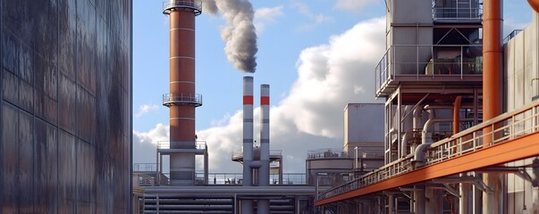 Fototapeta premium A modern industrial landscape featuring smokestacks, machinery, and a dynamic sky, showcasing the essence of manufacturing.