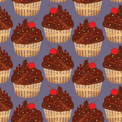 Seamless pattern for kitchen decor and more. Delicious chocolate cupcake with whipped cream and cherry. Vector cartoon illustration of sweet food.