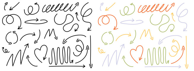 Hand-drawn curly arrows and decorative lines in black and multicolor versions, doodle style, isolated on white background, vector illustration.