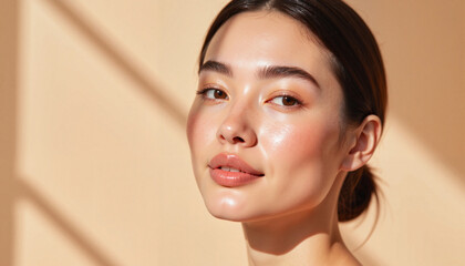 Young Woman Smiling Radiantly Against a Warm Background, Peachy blush, Summer makeup trends  