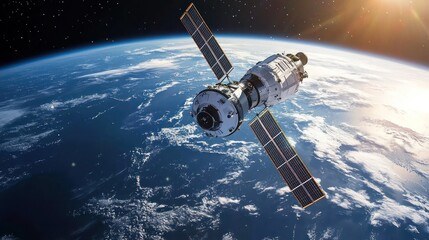 Fototapeta premium Spacecraft orbiting Earth, sunrise.
