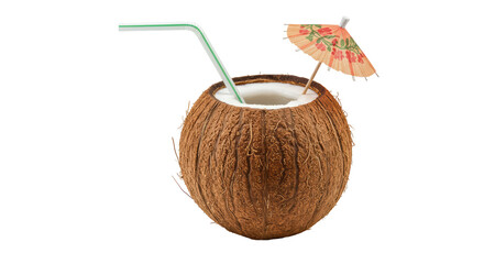 Isolated Coconut with Umbrella and Straw Tropical Drink