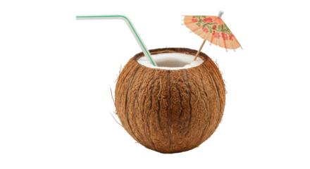 Isolated Coconut with Umbrella and Straw Tropical Drink