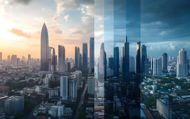 Obraz premium A stunning cityscape showcasing modern skyscrapers at sunset transitioning to night, highlighting the vibrant urban architecture and skyline beauty.