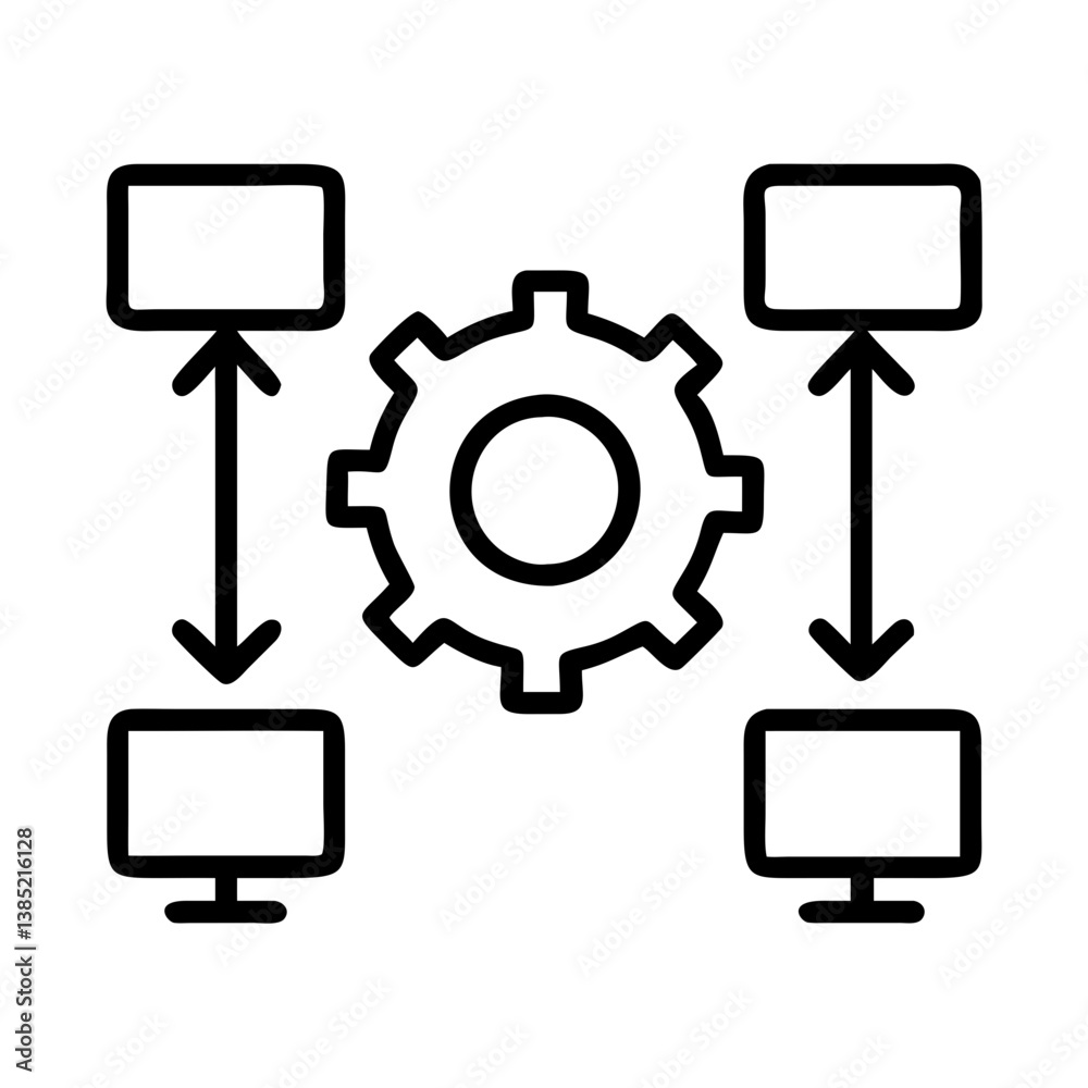 Poster network configuration system diagram showing data flow and settings management process online and of