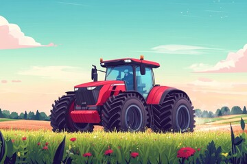 Obraz premium Red Tractor Farming Landscape Sunrise