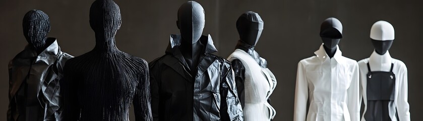 A stylish display of modern mannequins showcasing contemporary fashion. The sleek designs and elegant poses highlight the latest trends in clothing and accessories.