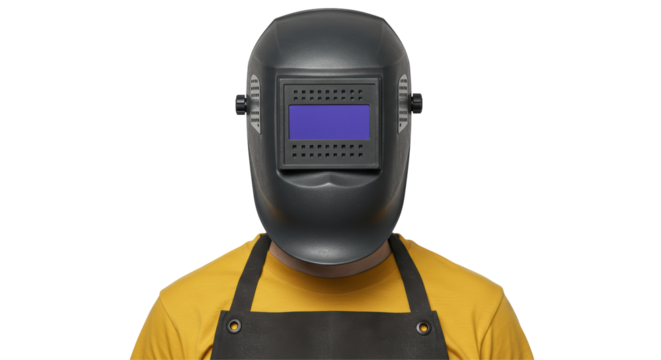 Isolated Welder Wearing a Black Welding Mask and Yellow Shirt