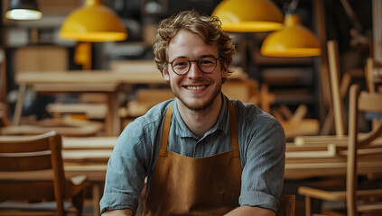 proud woodworker smiling in traditional carpentry workshop