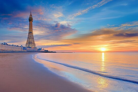 A panoramic view of Blackpool Tower standing tall against a golden sunset over the beach