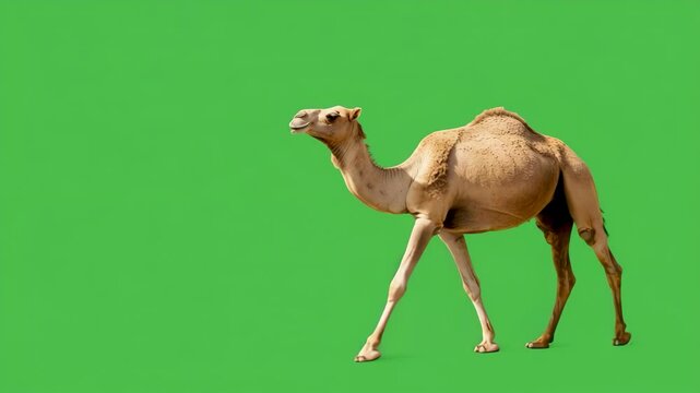 Camel walking on a green screen background, perfect for compositing, animation, and creative projects requiring customizable footage of a camel in motion.