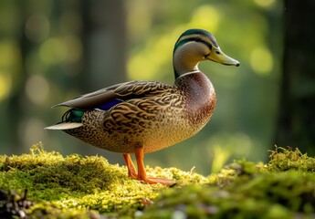 Fototapeta premium Vibrant Male Mallard Duck Standing on Mossy Ground in Nature