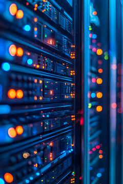 Detailed view of a network server rack with glowing LED lights in a data center
