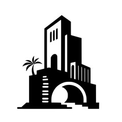 Minimalist Black & White Landmark Logo: Architecture & Palm Tree