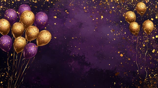 Purple and Gold Balloons with Confetti on Dark Background