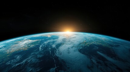 Fototapeta premium An enchanting view of Earth as the sun rises over its horizon, representing new beginnings and the beauty of our planet, reminding us of the connection we share with the universe.