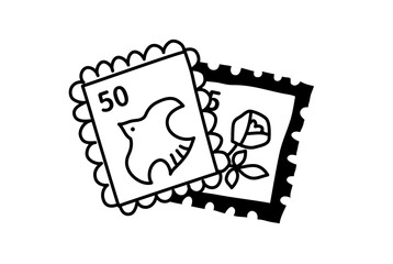 北欧風柄の切手の線画イラスト　ベクター　黒