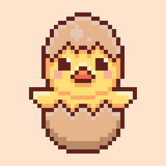 Obraz premium Adorable pixel art illustration of a cute yellow chick hatching, brings a touch of cuteness and retro charm.