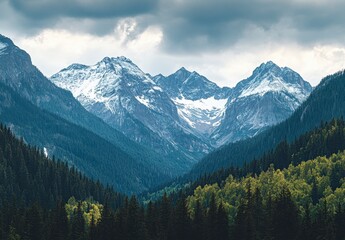 Fototapeta premium Majestic Mountain Landscape with Snowy Peaks and Forested Valleys