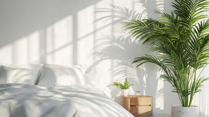 Sunny bedroom interior with plant