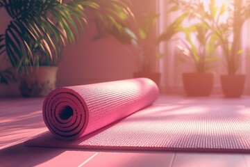 A pink yoga mat is laying on a wooden floor