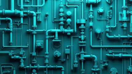 Fototapeta premium Teal backdrop with water valves and piping for the plumbing and sanitation industry