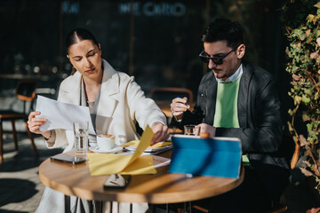 Two colleagues are reviewing and working on documents during a sunny outdoor meeting at a cafe.