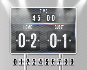 Scoreboard with flip numbers displaying time, score, and countdown in a modern metallic style. Includes numbers from 0 to 9 in flipping format.	