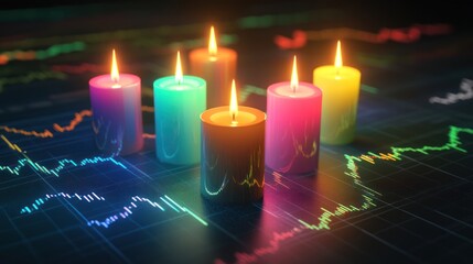 Colorful candles on financial chart, representing hope and markets