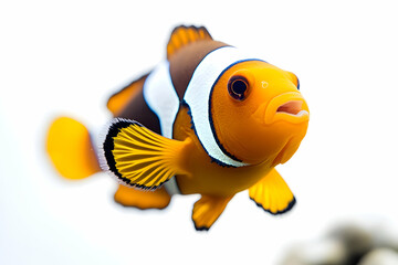 Vibrant clownfish portrait displaying striking orange and white colors against plain background