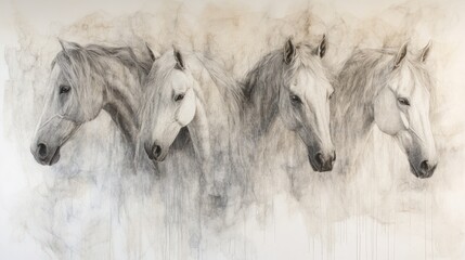 Fototapeta premium Four Grey Horses in Profile, Abstract Background