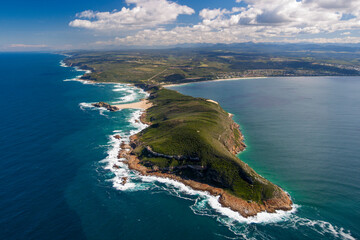 Aerial view Robberg Peninsula, remote, sandy beaches and Indian Ocean. Robberg Nature Reserve, Plettenberg Bay, Garden Route, Western Cape, South Africa.