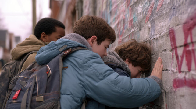 A young boy with brown hair in a blue jacket is being pushed against a wall by two peers in an urban environment with graffiti