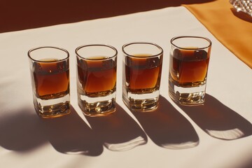 Four small, amber-colored drinks in clear glasses