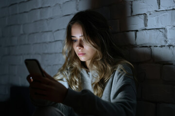 A young woman with long hair sits against a brick wall, staring at her phone with a concerned expression, feeling intimidated